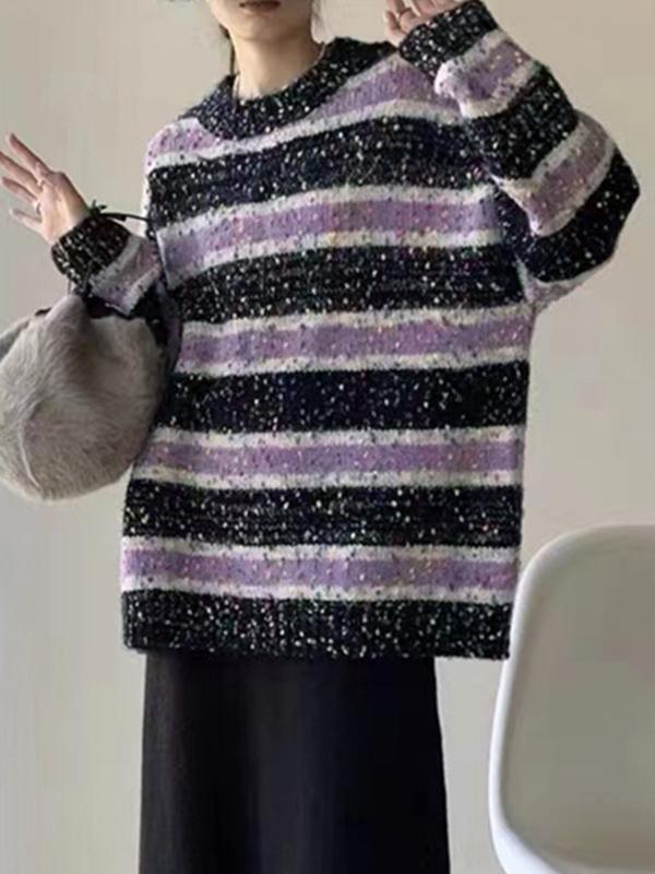 Popcorn Contrast Color Striped Knit Sweater Product Image