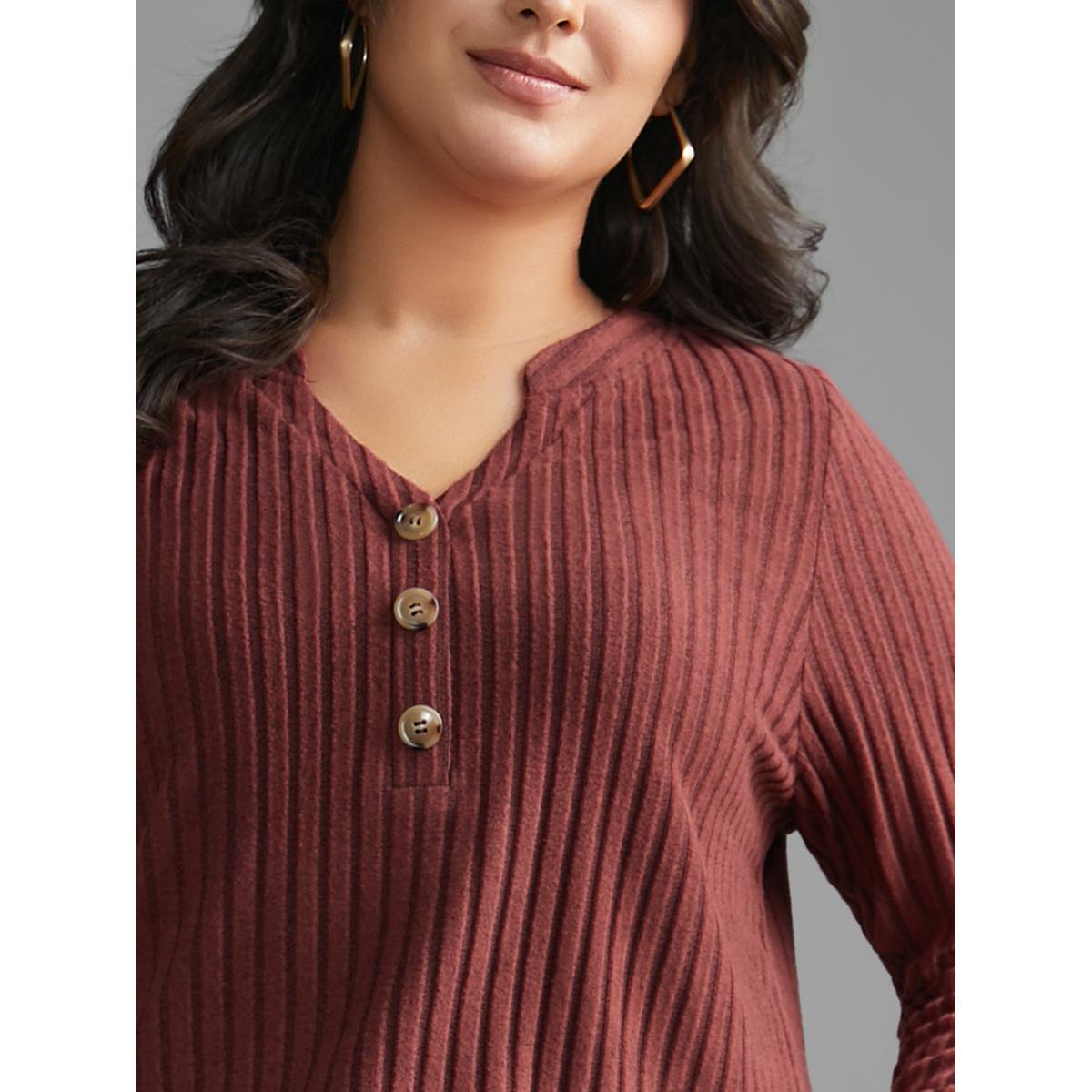 Plus Size Texture Notched Collar Button Up T-shirt Maroon Women Casual Texture Notched collar Everyday T-shirts BloomChic 12/L Product Image