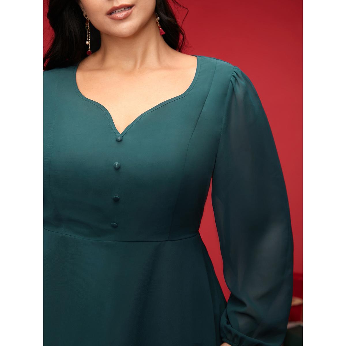 Plus Size DarkSlateGray Puff Sleeves Front Placket Chiffon Blouse Women Elegant Long Sleeve Heart neckline Everyday Blouses BloomChic 18-20/2X Product Image