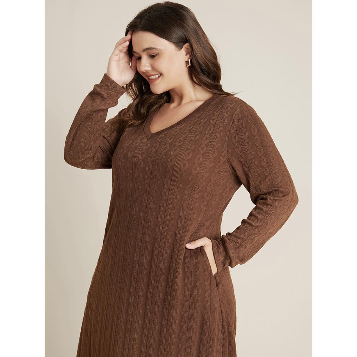Plus Size Solid V Neck Cable Knit Pocket Textured Dress Without Belt Russet Women Elegant Pocket V-neck Long Sleeve Curvy Midi Dress BloomChic 30/6X Product Image