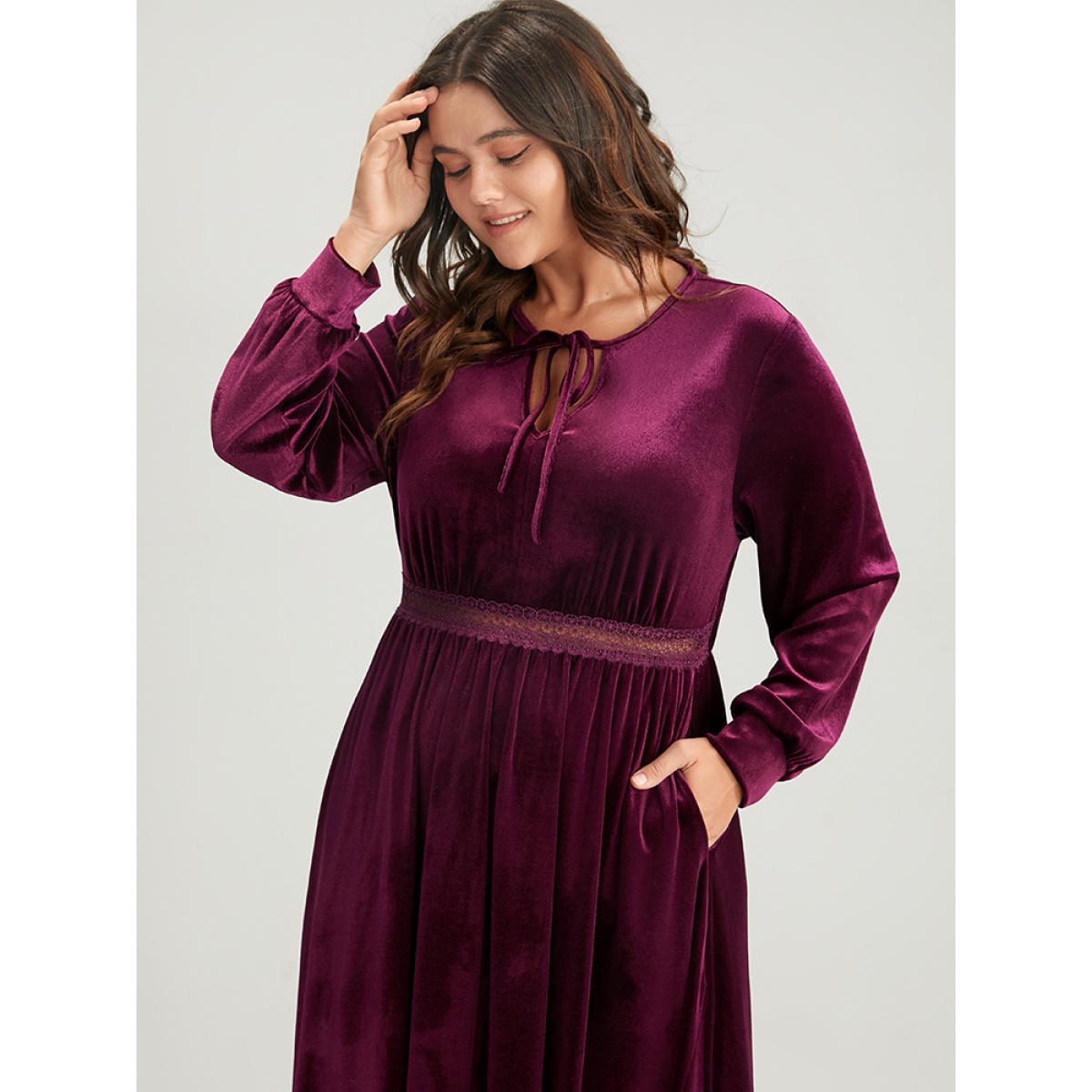 Plus Size Solid Lace Pocket Keyhole Tie Neck Velvet Flutter Dress Burgundy Women Party Patchwork V-neck Long Sleeve Curvy Midi Dress BloomChic 10/M Product Image