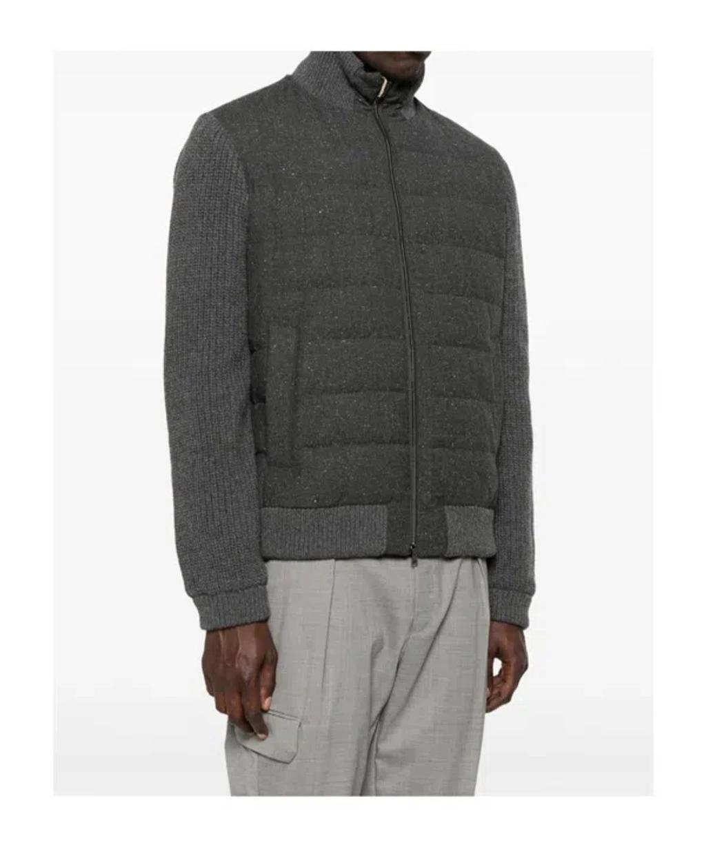 HERNO Padded Bomber Jacket With Knitted Sleeves In Gray Product Image