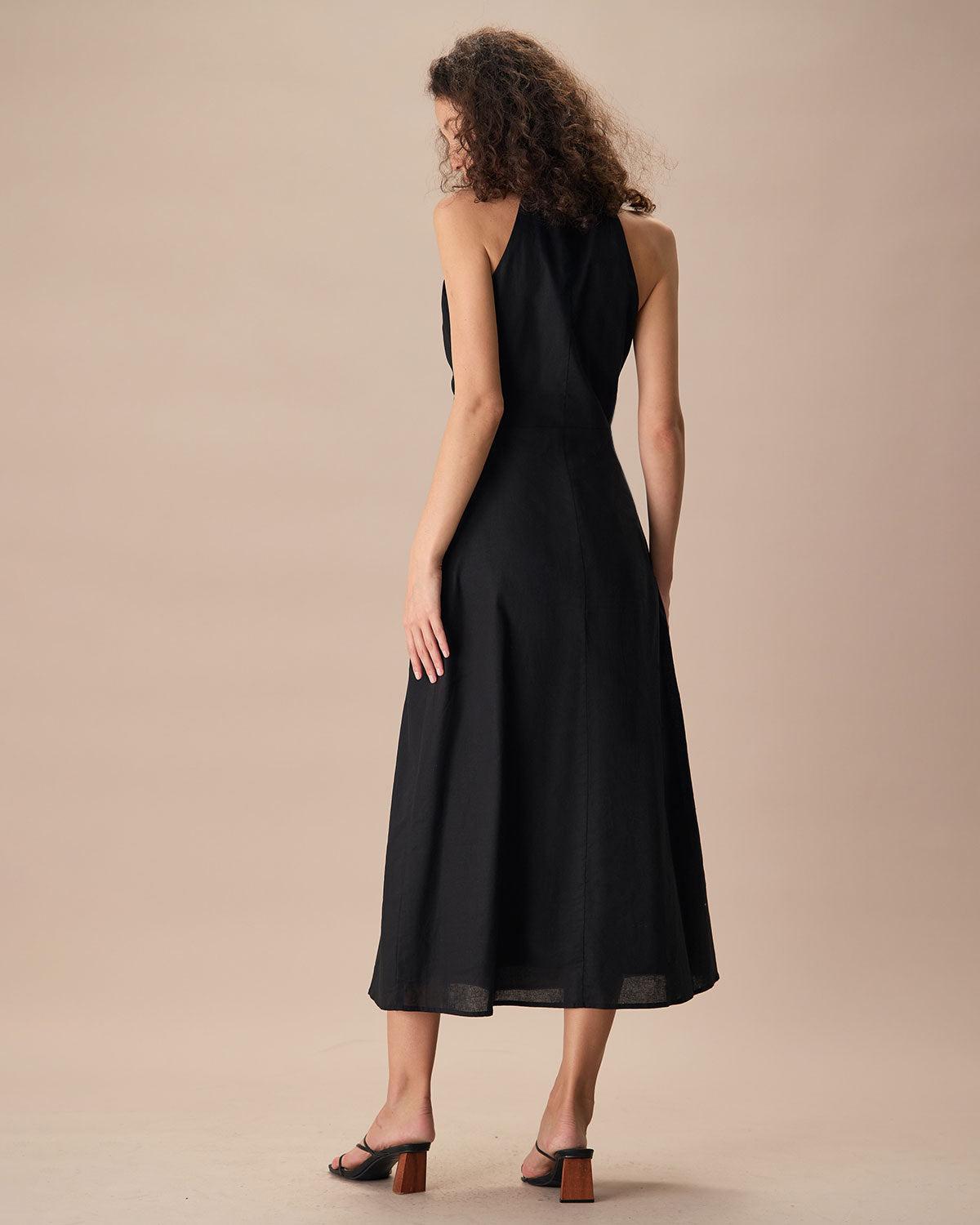 The Black Collared Frill Trim Linen Maxi Dress Product Image