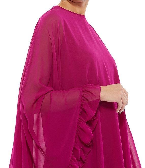 Mac Duggal Crew Neck Ruffle Hem Long Cape Sleeve Waistless Mini Dress Product Image