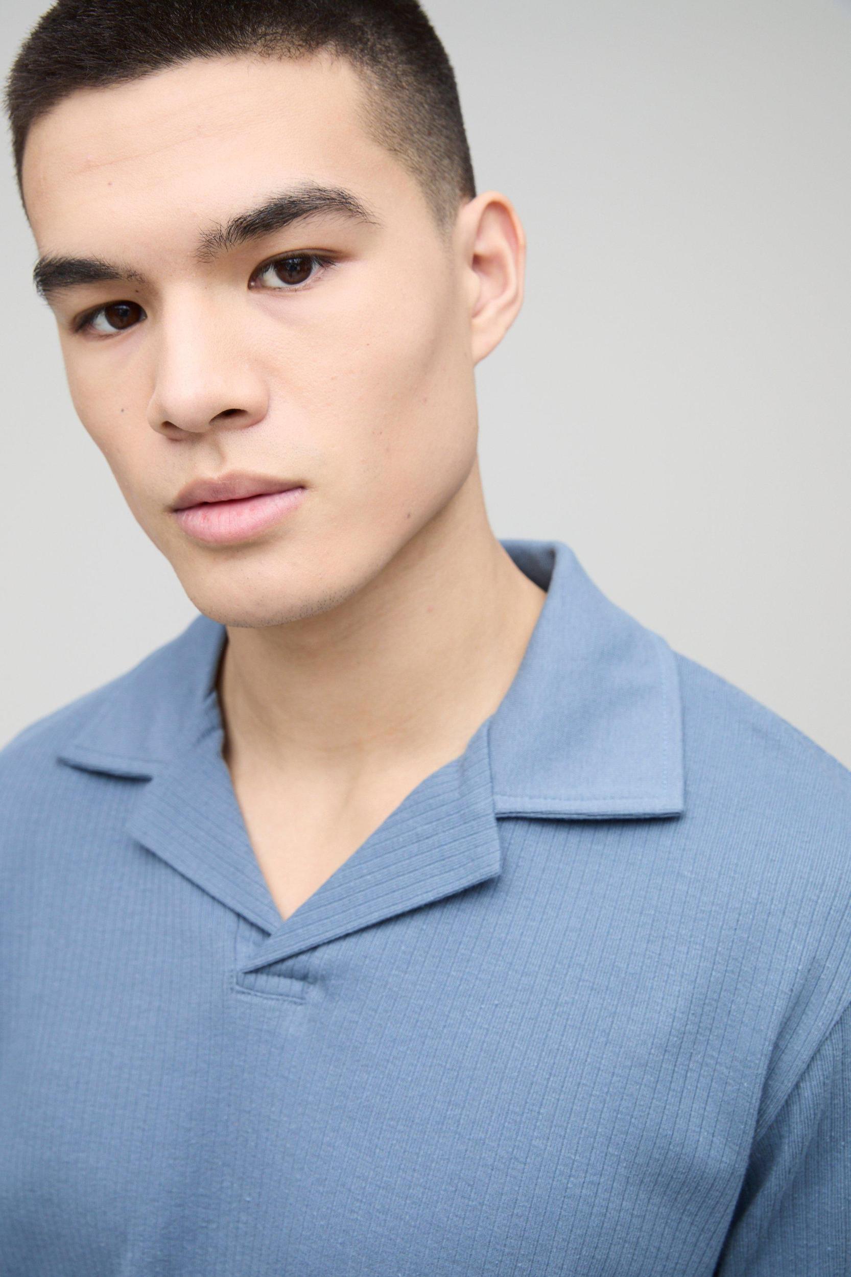 Regular Fit Revere Ribbed Polo | boohooMAN USA Product Image