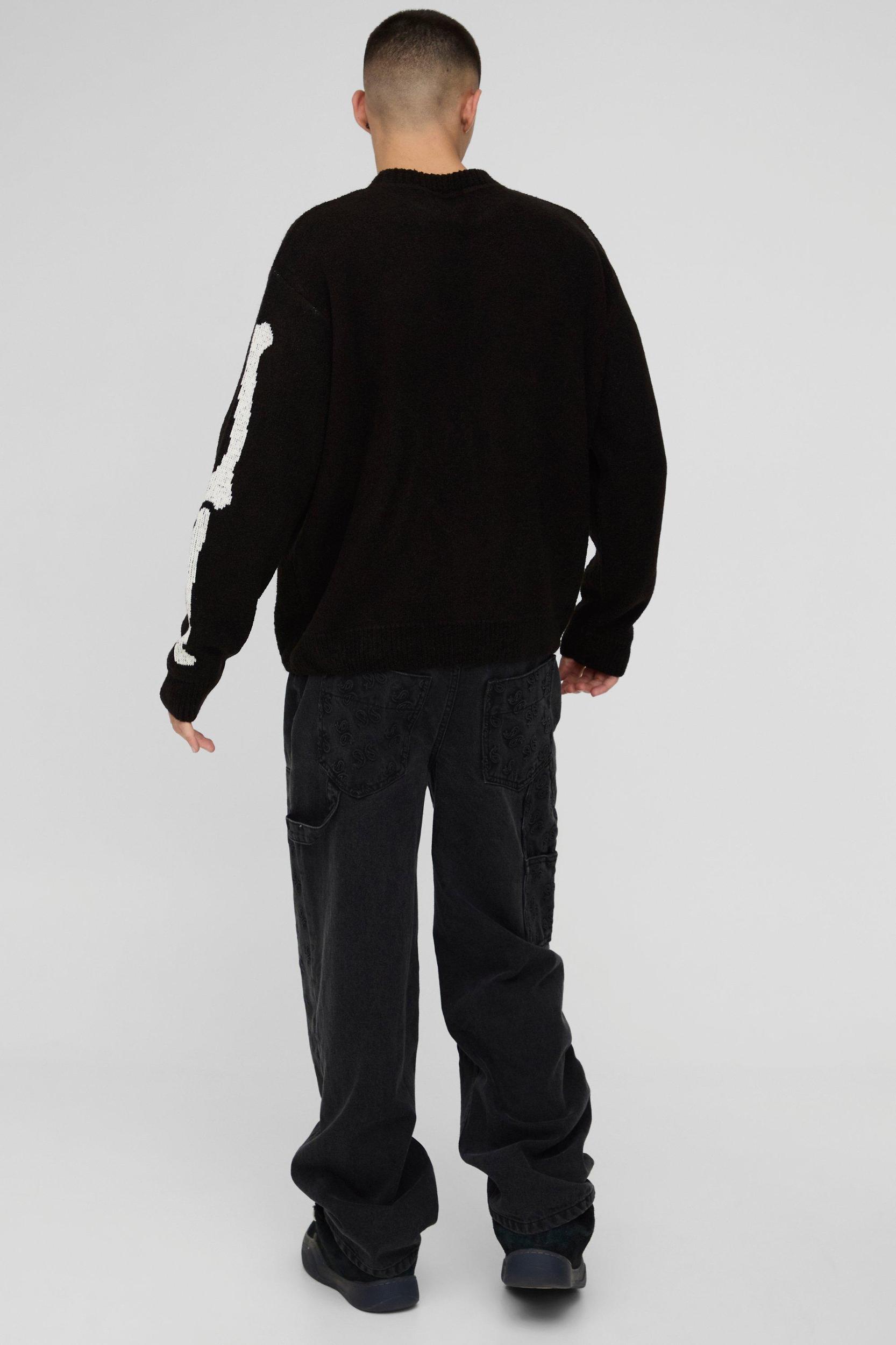 Oversized Boxy Official Skeleton Boucle Knitted Sweater | boohooMAN USA Product Image