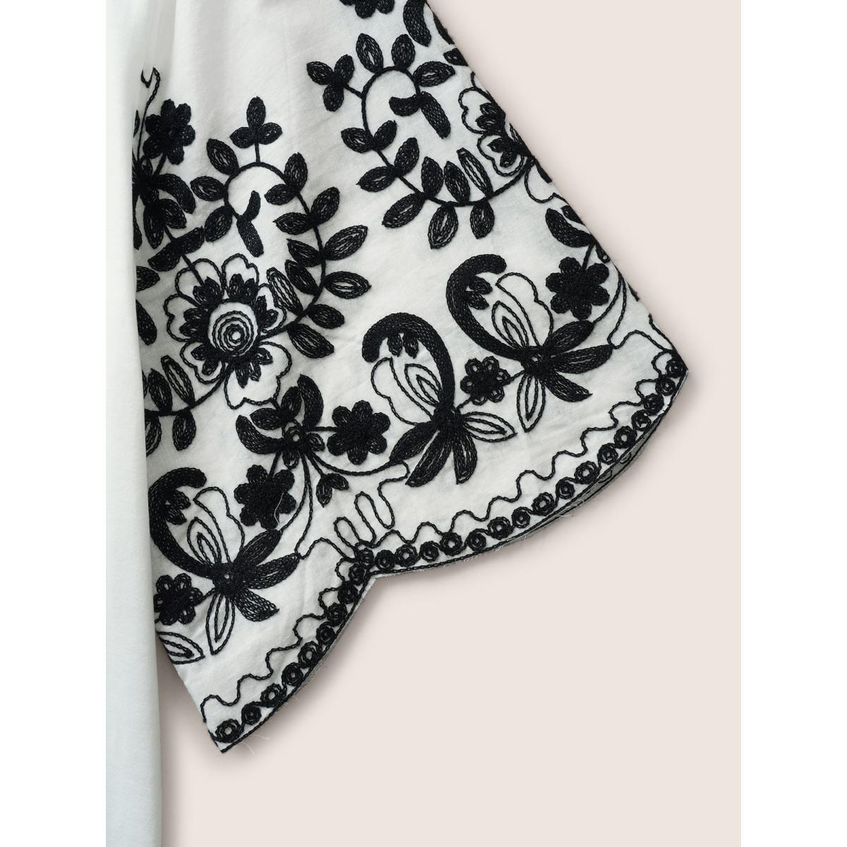 Plus Size Round Neck Floral Embroidered Scalloped Trim T-shirt White Women Resort Contrast Round Neck Vacation T-shirts BloomChic 18-20/2X Product Image