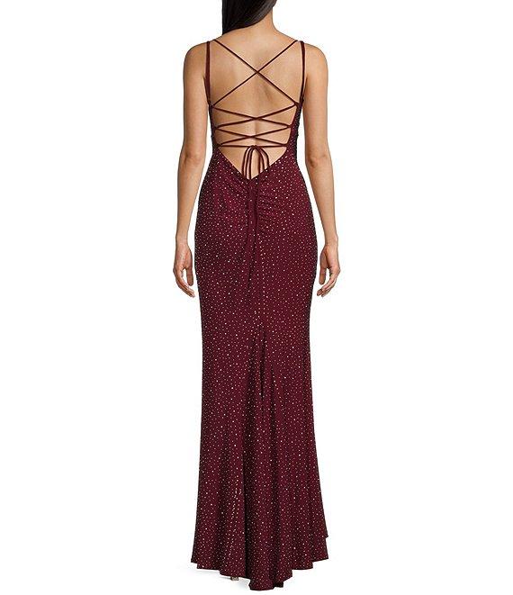 Jump Rhinestone Square Neck Spaghetti Strap Lace Up Back Gown Product Image