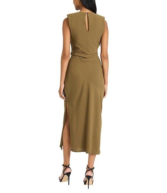 Donna Morgan Crew Neck Sleeveless Ruched Waist Sheath Midi Dress Product Image
