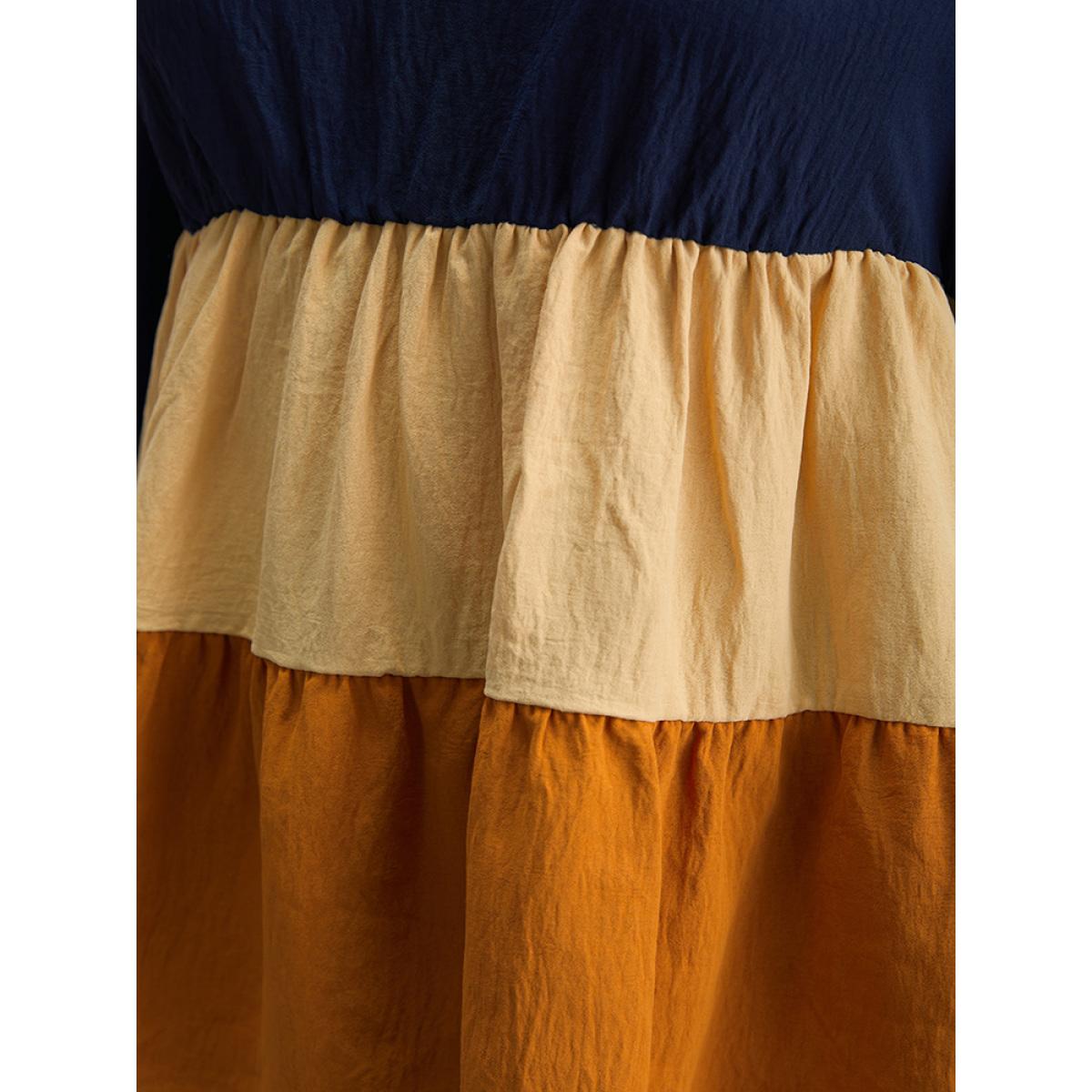 Plus Size Multicolor Colorblock Contrast Gathered Ruffle Layered Hem Blouse Women Elegant Long Sleeve Round Neck Dailywear Blouses BloomChic 10/M Product Image