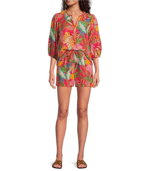 Gibson & Latimer Woven Tropical Print High Rise Elastic Drawstring Waist Coordinating Shorts Product Image