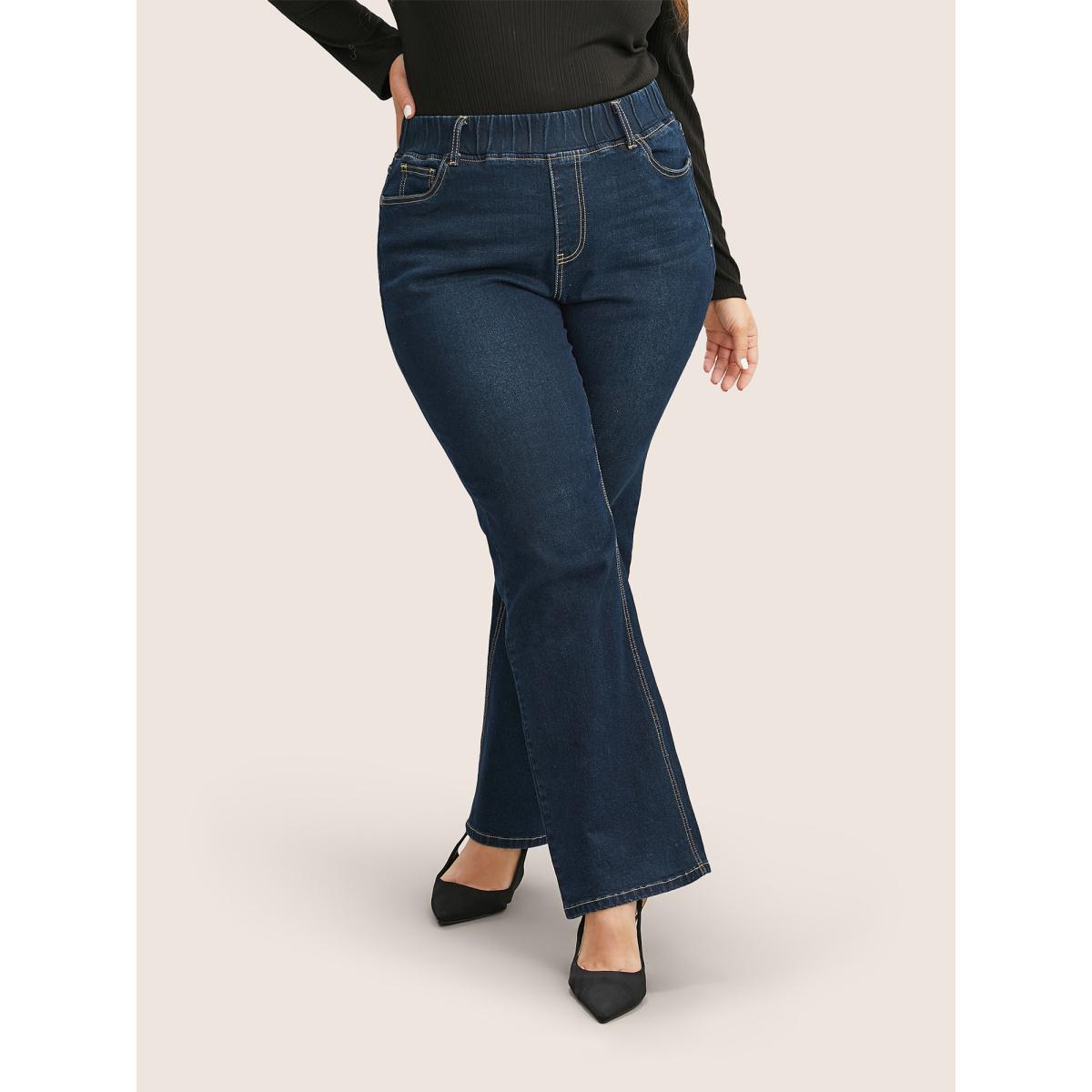 Plus Size Solid Elastic Waist Pocket Full Length Jeans Women Indigo Timeless Plain Plain High stretch Slanted pocket Jeans BloomChic 30/6X Product Image