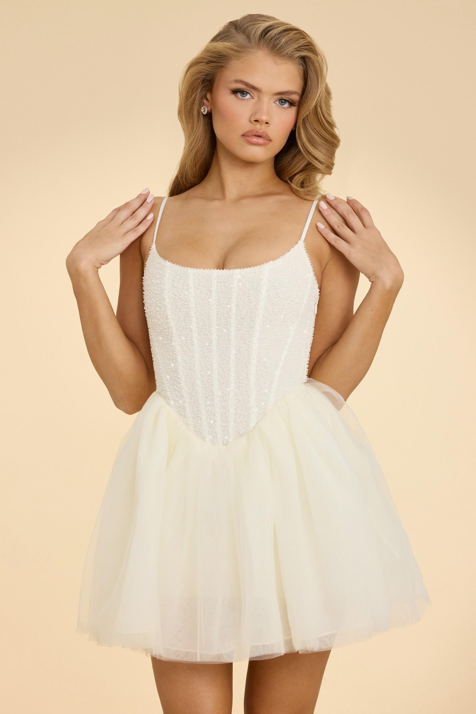 Embellished Corset Tulle Skirt Mini Dress in White Product Image