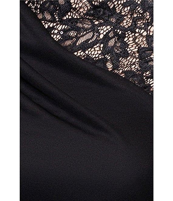 Betsy & Adam Matte Jersey Lace Mock Neck Sleeveless Ruched Sheath Gown Product Image