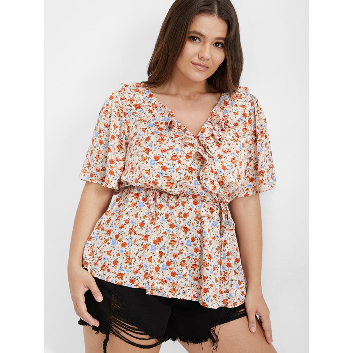 Plus Size Orange Ditsy Floral V Neck Ruffle Tie Front Blouse Women Casual Short sleeve V-neck Dailywear Blouses BloomChic 16/1X Product Image