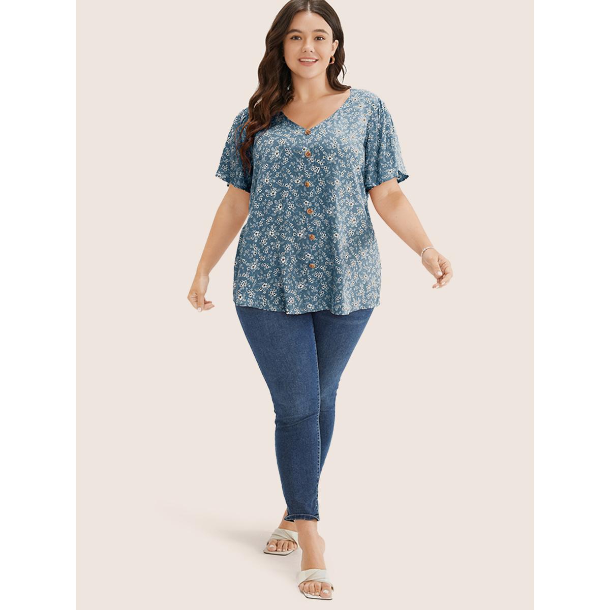 Plus Size Stone Ditsy Floral Contrast Ruffle Sleeve Button Detail Blouse Women Elegant Short sleeve Non Everyday Blouses BloomChic 18-20/2X Product Image