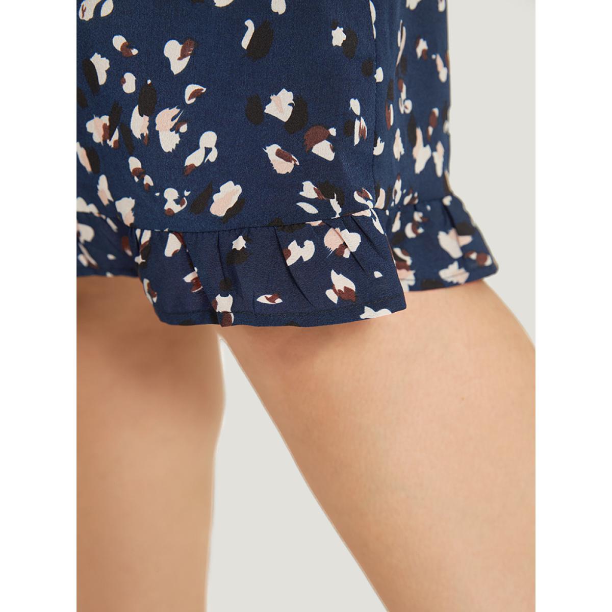 Plus Size Allover Print Pocket Flutter Trim Dress DarkBlue Women Elegant Pocket Round Neck Short sleeve Curvy Knee Dress BloomChic 26/4X Product Image