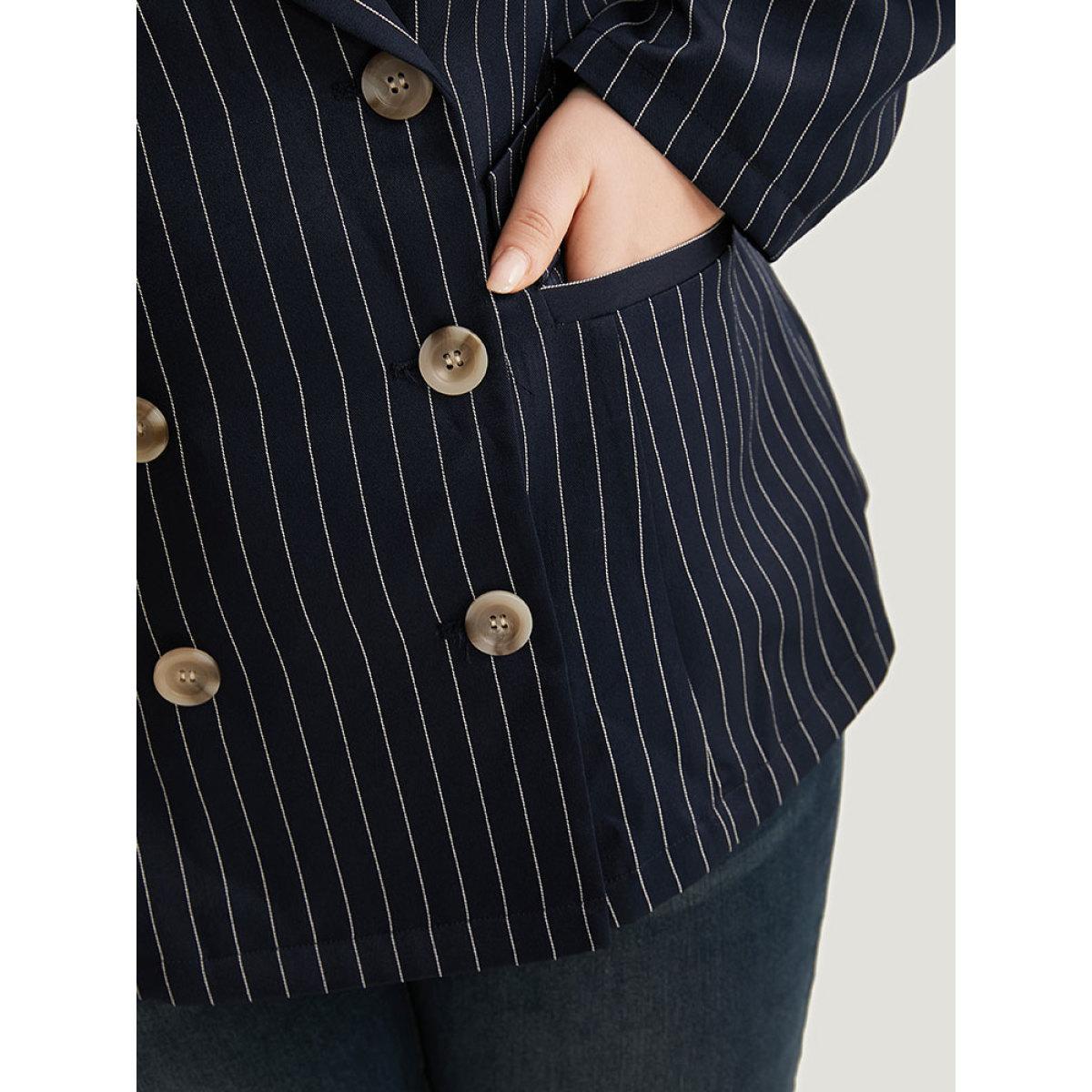 Plus Size Suit Collar Striped Double Breasted Blazer Blue Women Office Striped Button Sleeve Long Sleeve Suit Collar 30/6X Pocket Office Blazers BloomChic Product Image