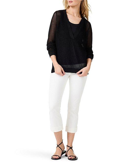 NIC + ZOE Mesh Stitch Metallic V-Neck Long Sleeve High-Low Hem Side Slit Sweater Product Image