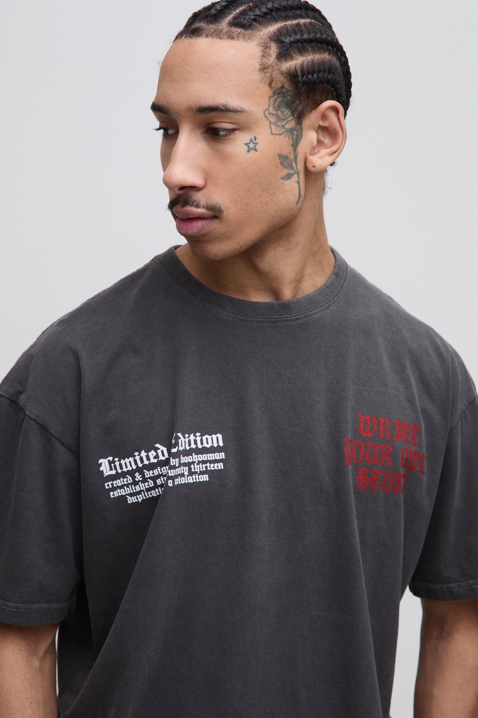 Oversized Write Your Own Story Cross Text Graphic Washed T-Shirt | boohooMAN USA Product Image