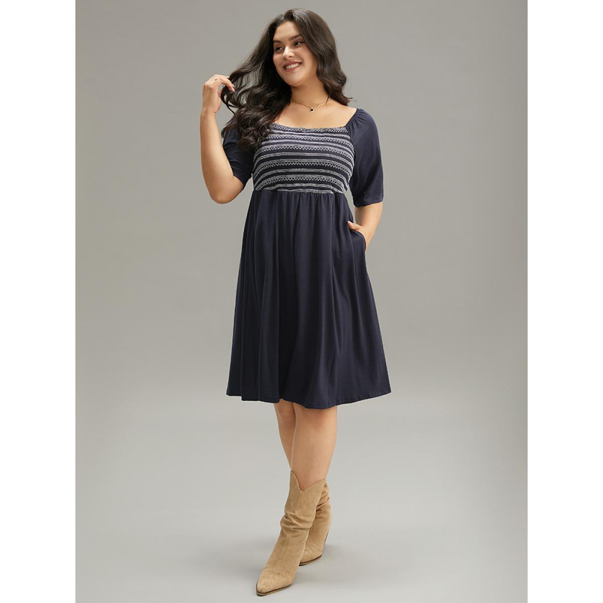 Plus Size Supersoft Essentials Striped Patchwork Pocket Gathered Square Neck Dress Indigo Women Casual Gathered Square Neck Short sleeve Curvy Midi Dress BloomChic 30/6X Product Image
