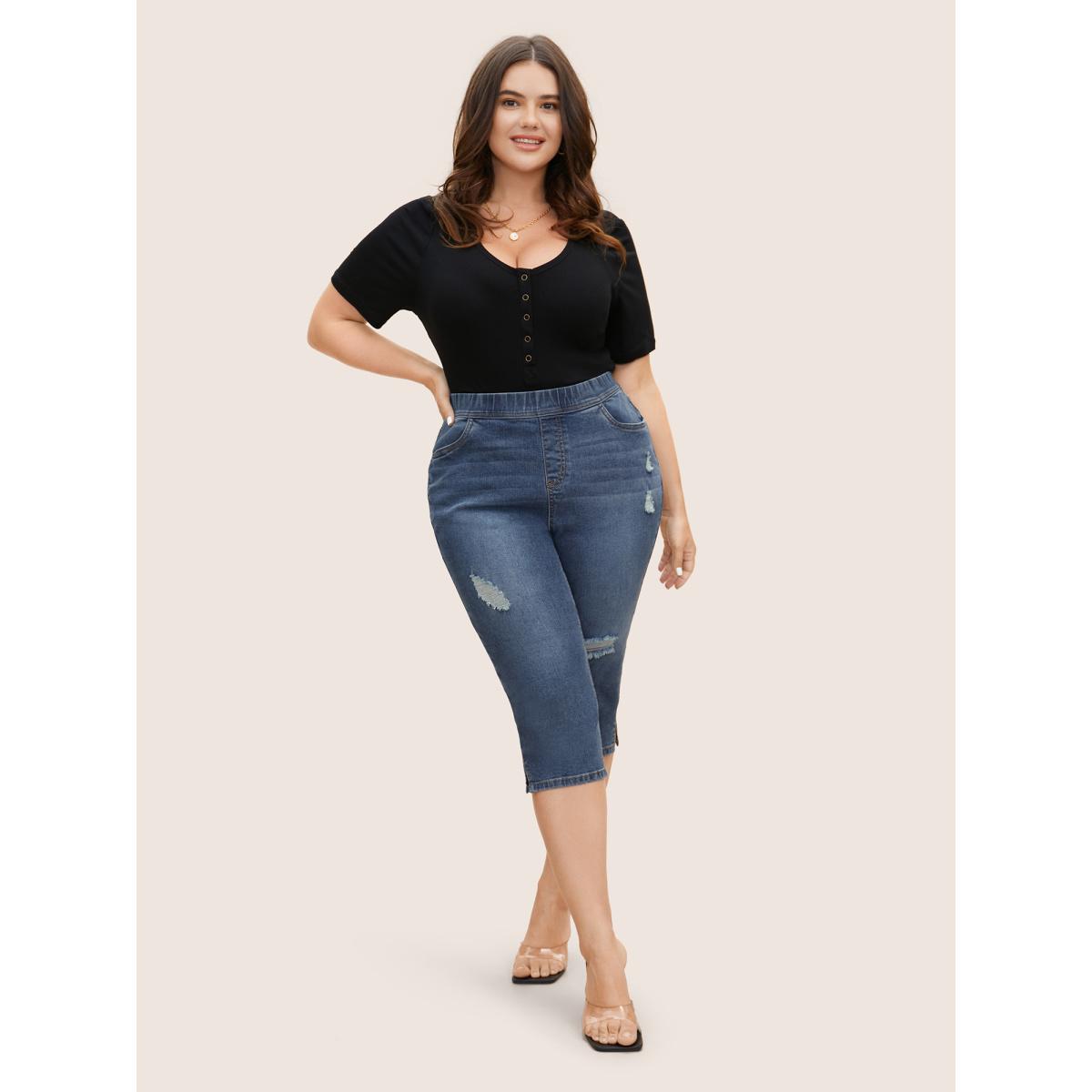 Plus Size Dark Wash Elastic Waist Distressed Slit Hem Jeans Women Denimblue Casual Distressed High stretch Slanted pocket Jeans BloomChic 18/2X Product Image