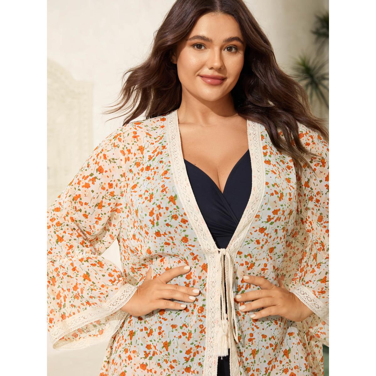 Plus Size Fine Glitter Print Front-Tie Kimono Women Brightorange Tie knot Loose Vacation Kimonos BloomChic 30/6X Product Image