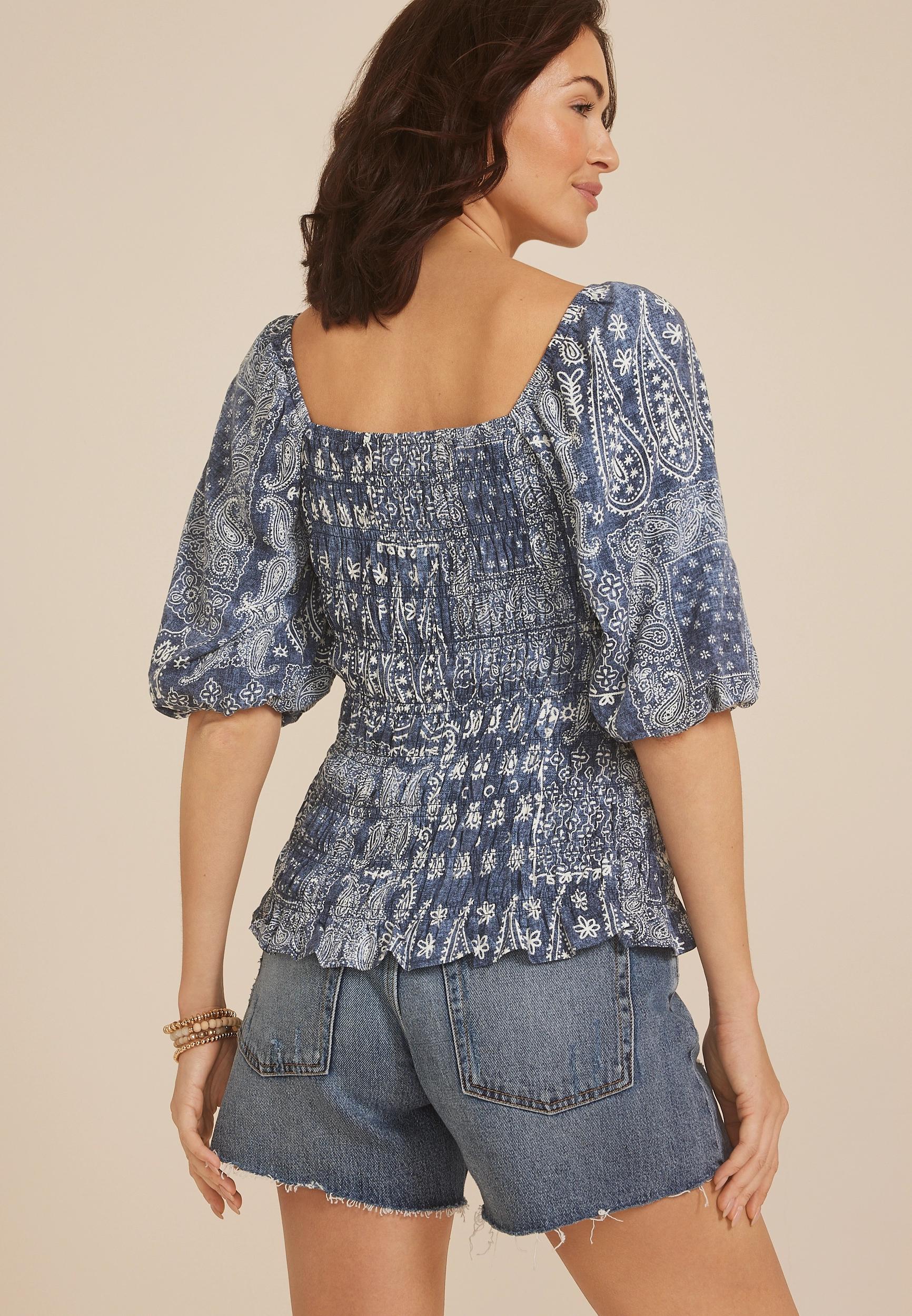 Blue Paisley 3/4 Sleeve Smocked Blouse Product Image