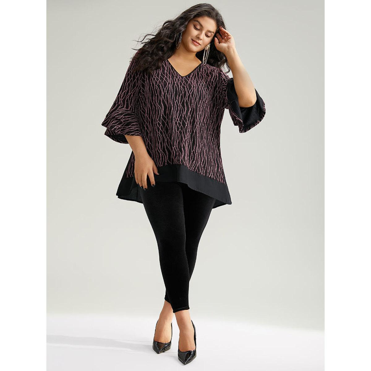 Plus Size Black Lurex Layered Ruffle Sleeve Patchwork Blouse Women Glamour Elbow-length sleeve V-neck Festival-Christmas Blouses BloomChic 10/M Product Image