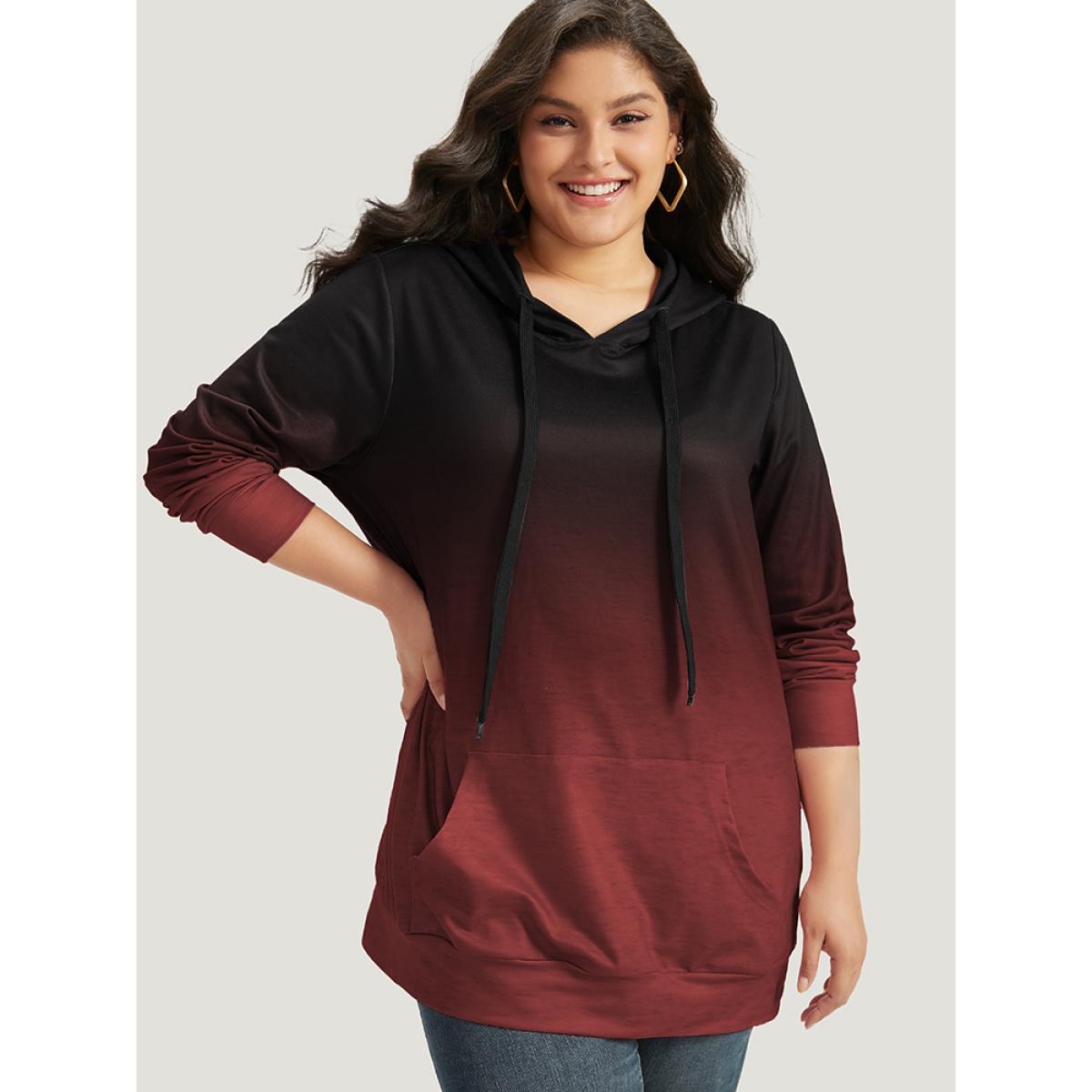 Plus Size Ombre Pocket Drawstring Hooded Sweatshirt Women Red Casual Elastic cuffs Hooded Everyday Sweatshirts BloomChic 22-24/3X Product Image