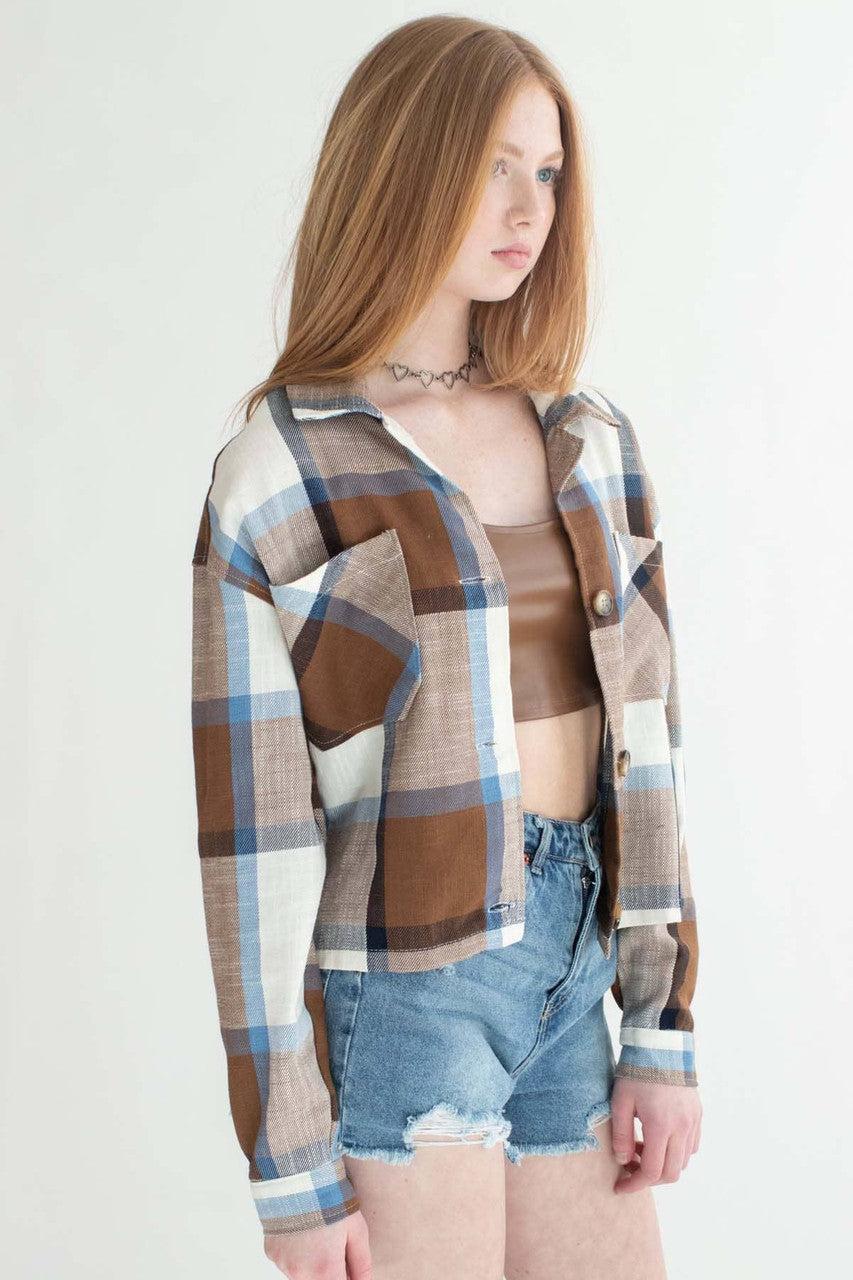 Blue & Brown Linen Blend Plaid Cropped Jacket Product Image