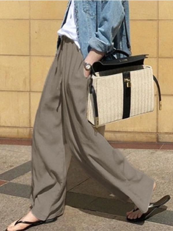 High Waisted Loose Drawstring Pockets Solid Color Pants Trousers Product Image