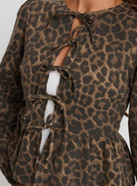 Recognize Tie Detail Long Sleeve Top Leopard Product Image