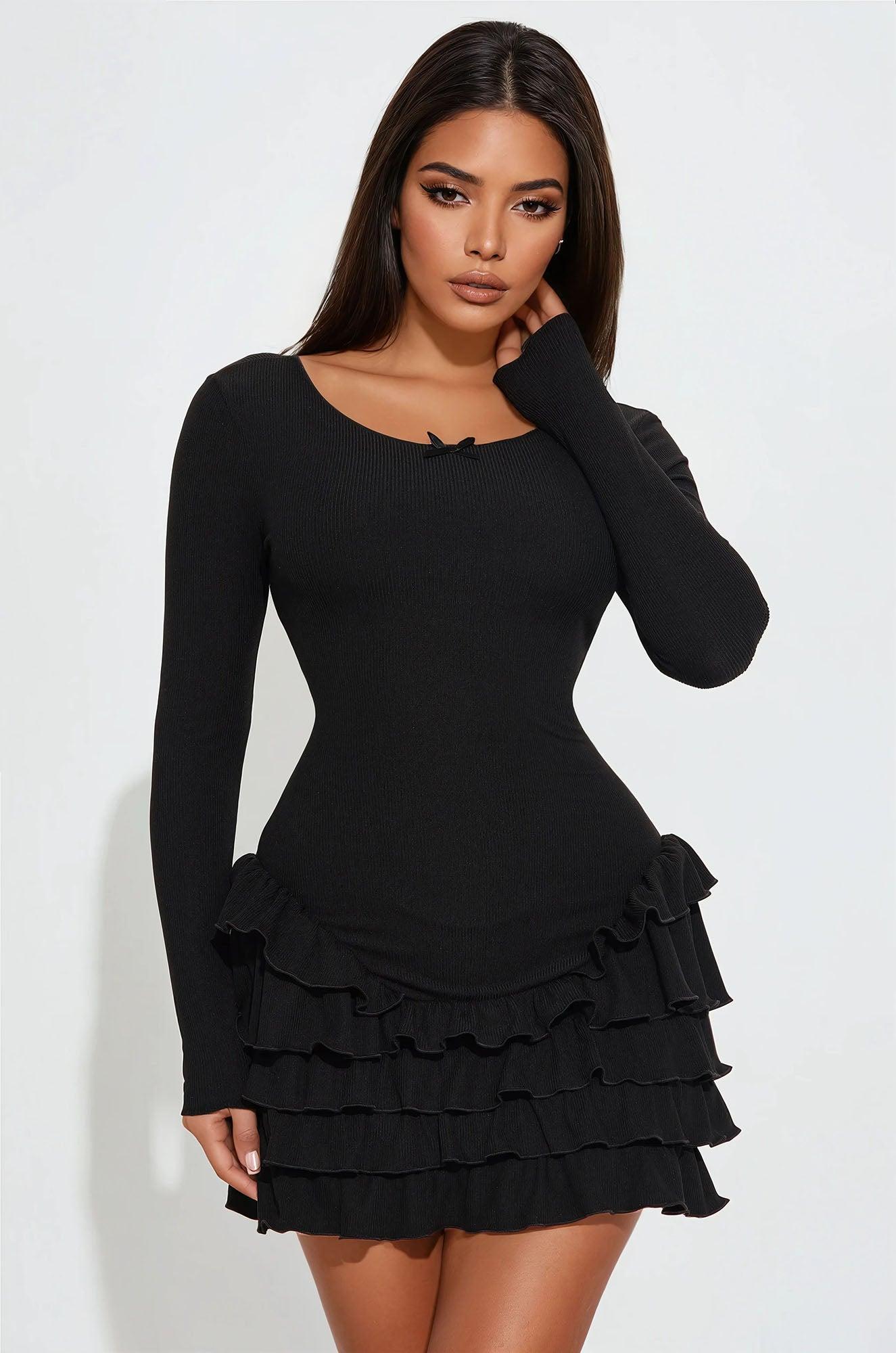 Gaia Tiered Ruffle Mini Dress - Black Product Image