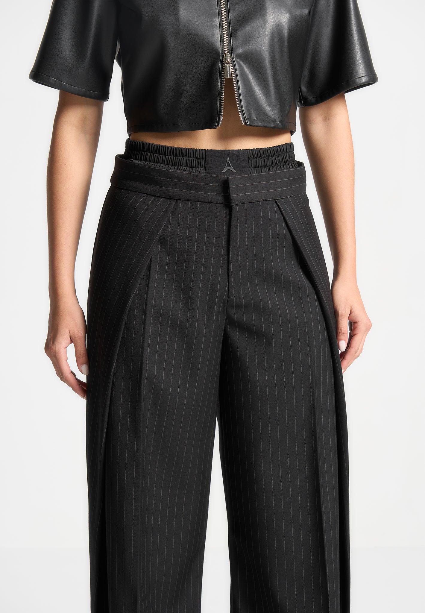 Sofia - Satin Waistband Pinstripe Trousers - Black Female Product Image