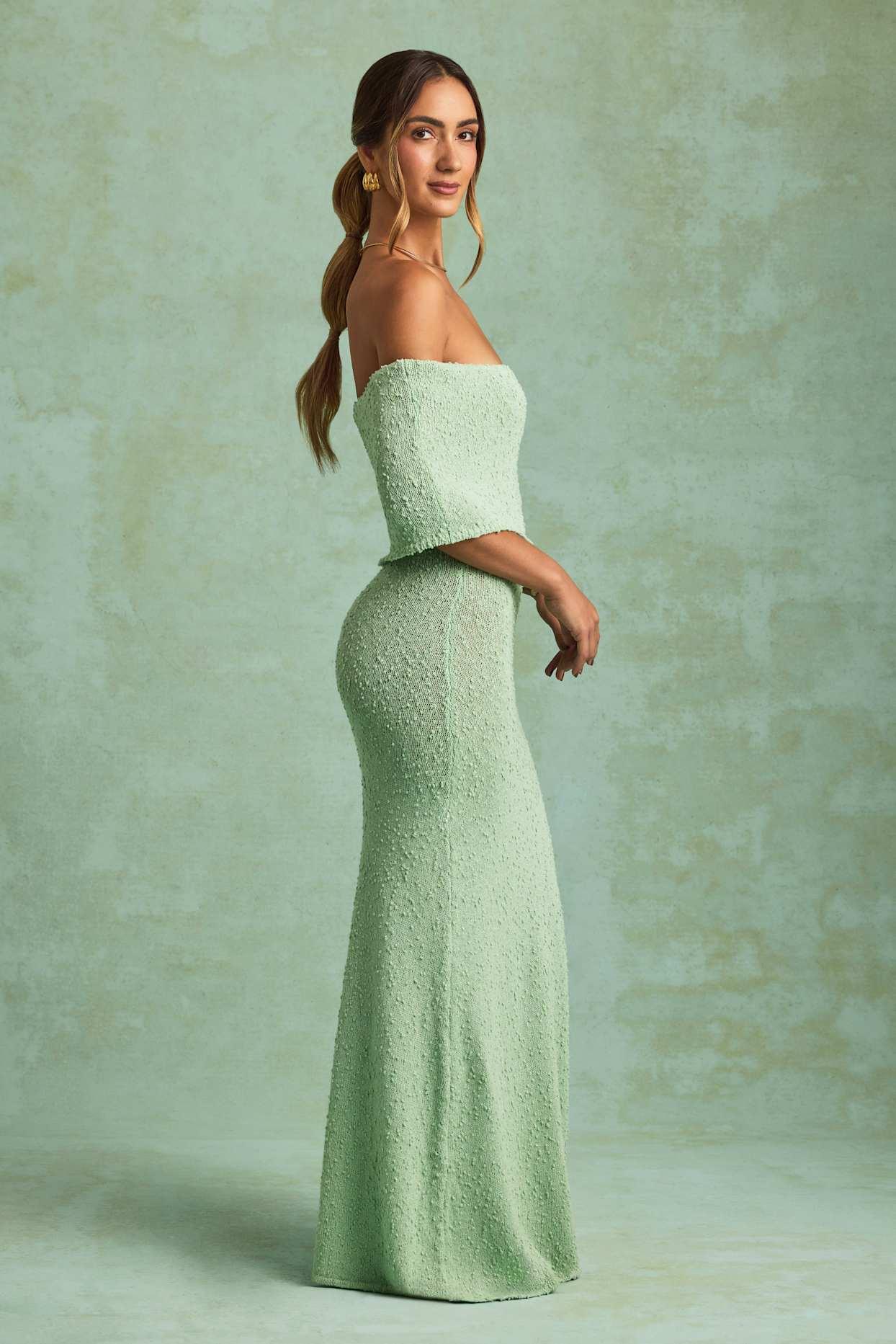 Bouclé Off-Shoulder Maxi Dress in Mint Girls Product Image