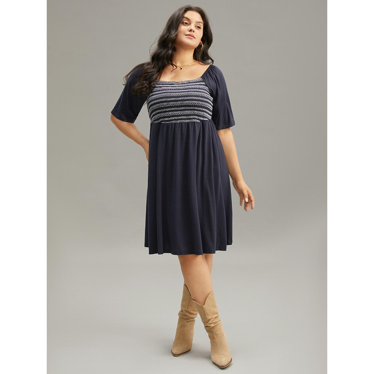 Plus Size Supersoft Essentials Striped Patchwork Pocket Gathered Square Neck Dress Indigo Women Casual Gathered Square Neck Short sleeve Curvy Midi Dress BloomChic 30/6X Product Image