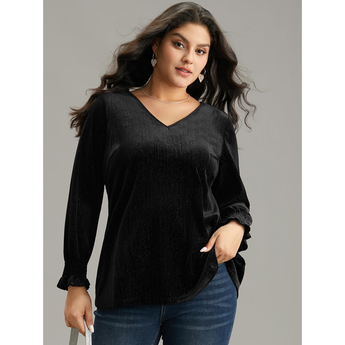 Plus Size Black Solid Velvet Glitter Shirred Ruffles Blouse Women Glamour Long Sleeve V-neck Going out Blouses BloomChic 22-24/3X Product Image