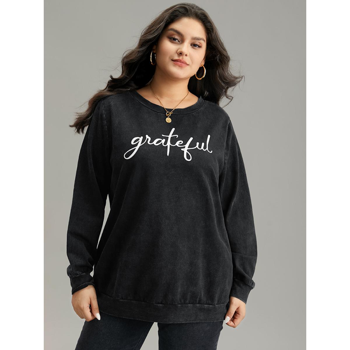Plus Size Solid Letter Print Crew Neck Sweatshirt Women Black Casual Printed Dailywear Sweatshirts BloomChic 10/M Product Image