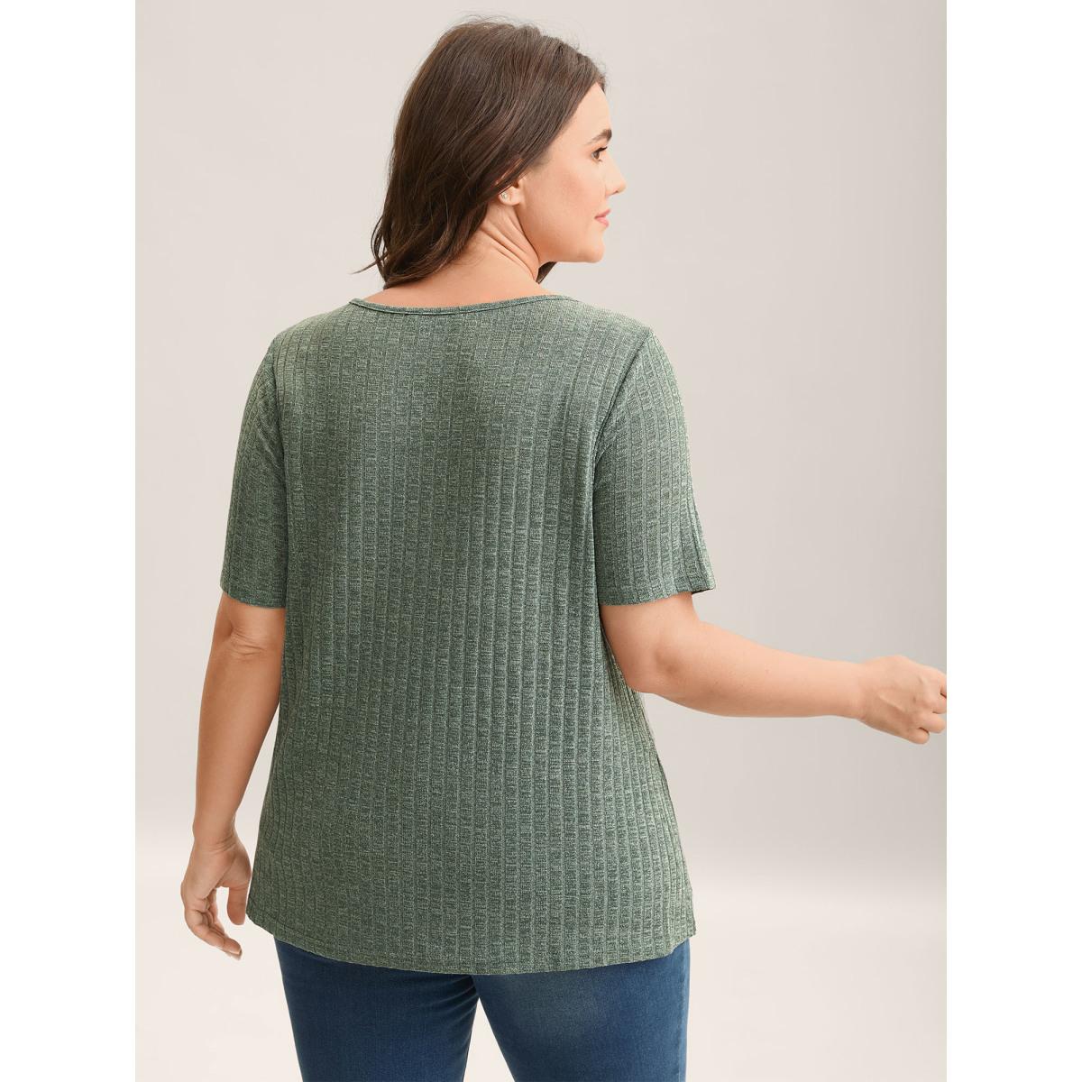 Plus Size Stretchy Textured Button Half Sleeve T-Shirt Sage Women Leisure Texture Round Neck Casual T-shirts BloomChic 10/M Product Image