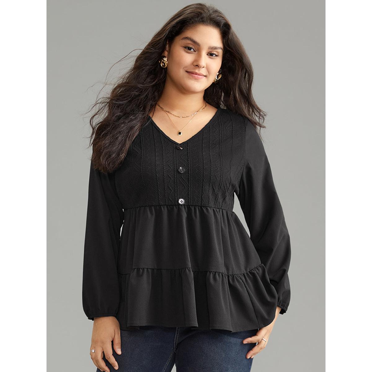 Plus Size Black Solid Textured Button Detail Ruffle Layered Hem Blouse Women Casual Long Sleeve V-neck Office Blouses BloomChic 14-16/1X Product Image