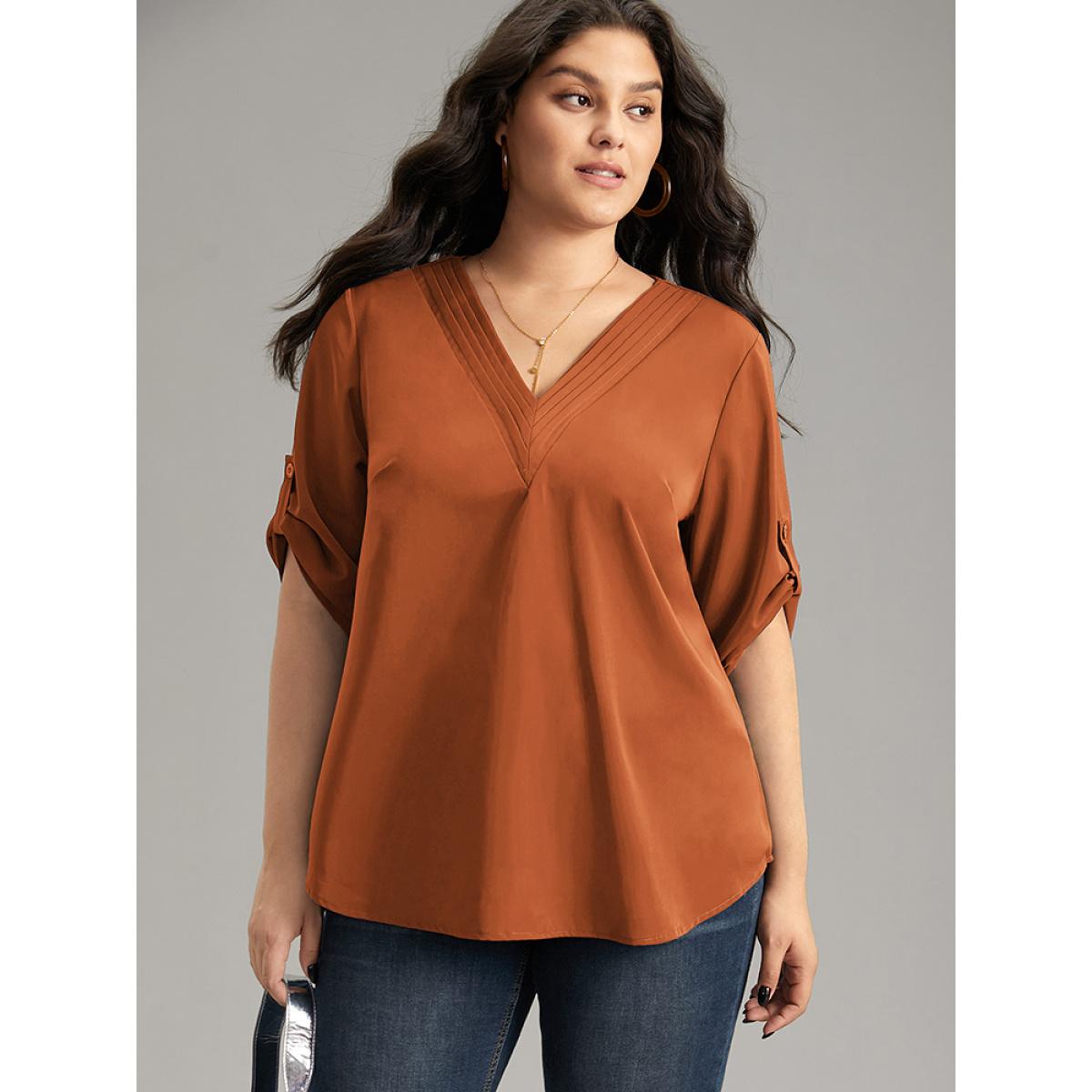 Plus Size Chocolate V Neck Plain Pleated Tab Sleeve Blouse Women At the Office Elbow-length sleeve V-neck Work Blouses BloomChic 28/5X Product Image