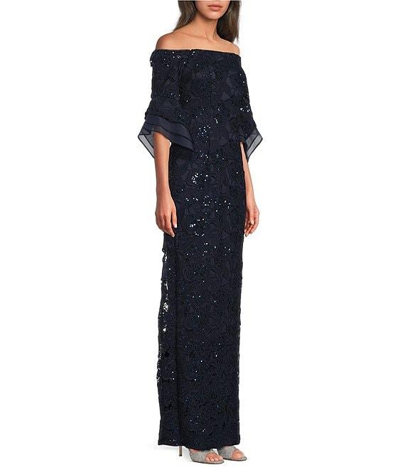 Adrianna Papell Sequin Lace Off-The-Shoulder Neck 3/4 Flutter Sleeve Column Gown Product Image