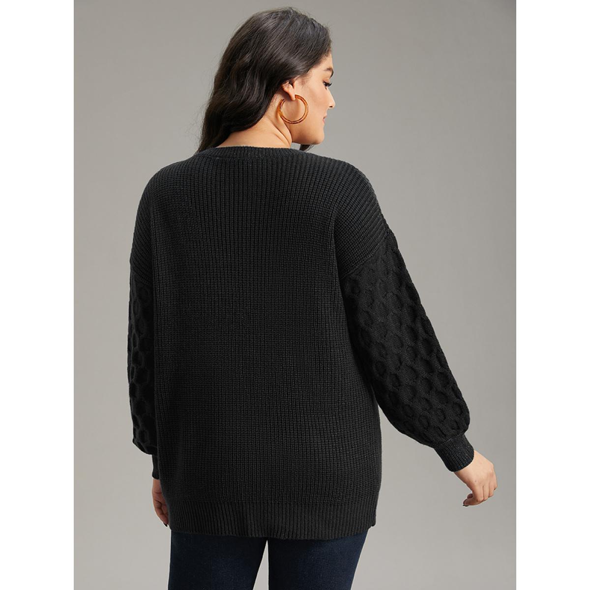 Plus Size Solid Cable Knit V Neck Drop Shoulder Pullover Black Women Casual Long Sleeve V-neck Everyday Pullovers BloomChic 14-16/1X Product Image