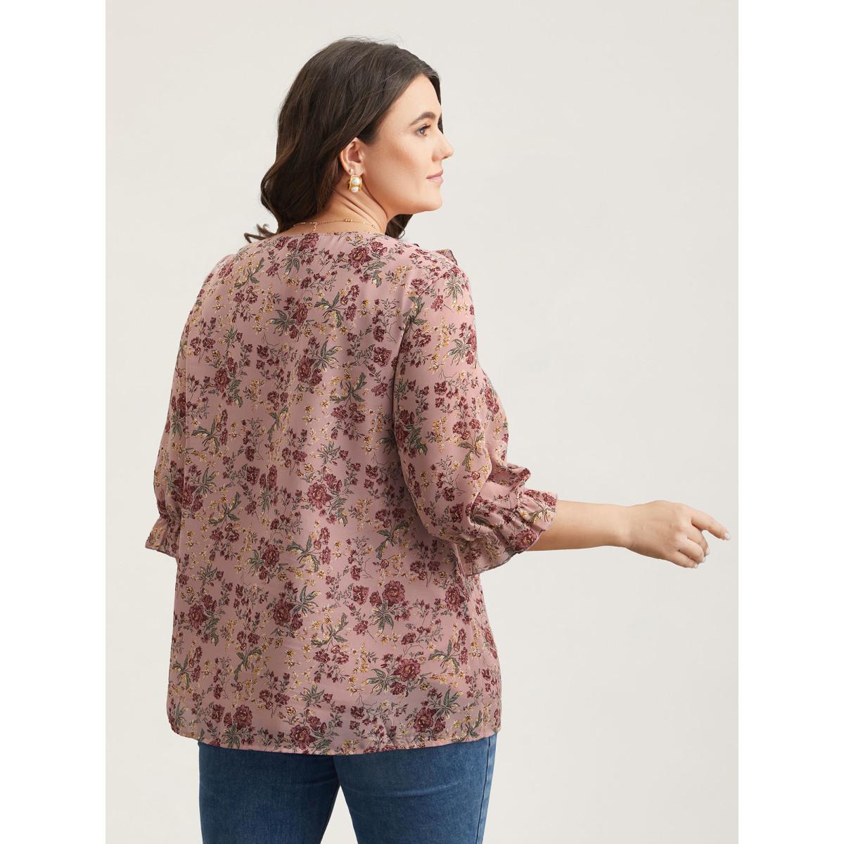 Plus Size Rouge Chiffon Floral Print Ruffled Neck Flowy Shirt Women Romantic Elbow-length sleeve V-neck Elegant Blouses BloomChic 18-20/2X Product Image