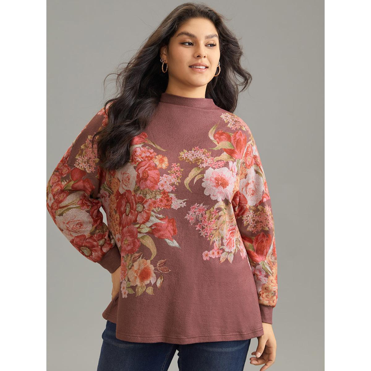 Plus Size Floral Print Mock Neck Elastic Cuffs Sweatshirt Women DarkBrown Elegant Printed Mock Neck Dailywear Sweatshirts BloomChic 18-20/2X Product Image