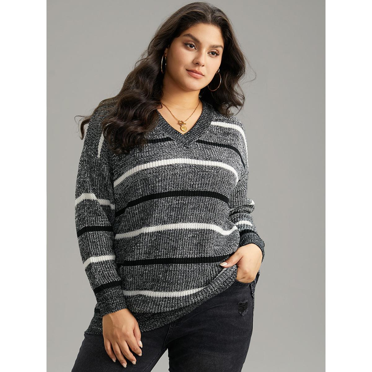 Plus Size V Neck Striped Contrast Heather Pullover Black Women Casual Loose Long Sleeve V-neck Dailywear Pullovers BloomChic 12/L Product Image