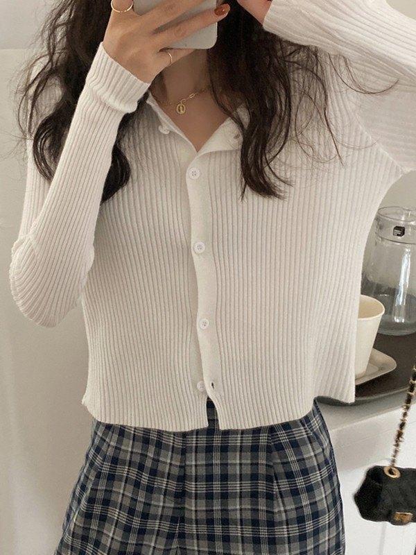 Button Front Ribbed Knit Cropped Cardigan Product Image