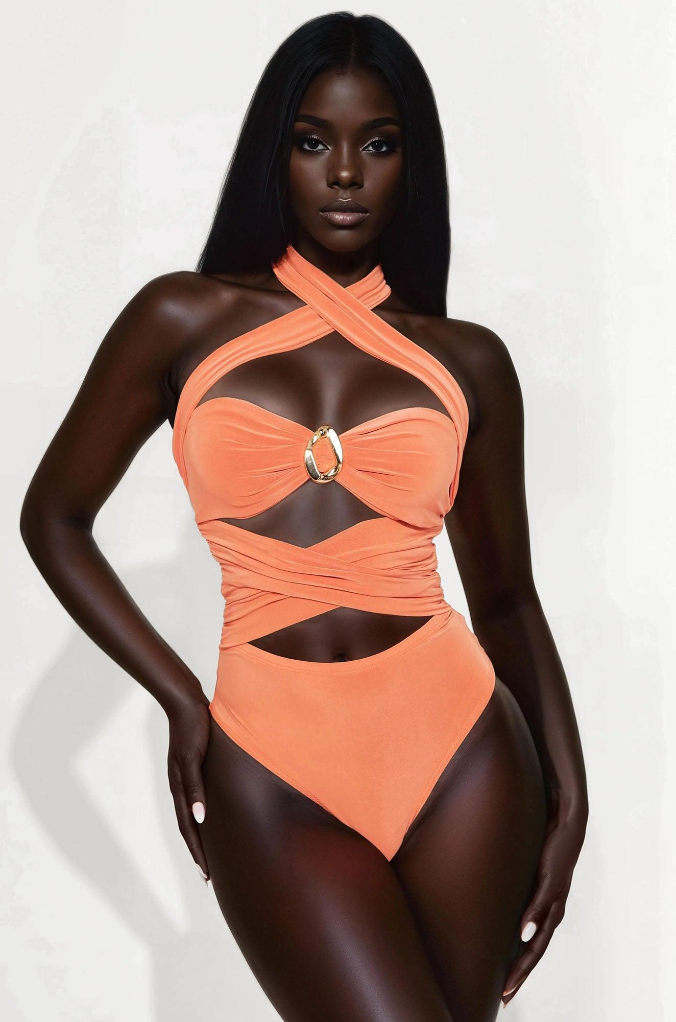 Cross Fire Criss Cross Halter Bodysuit - Rust Female Product Image