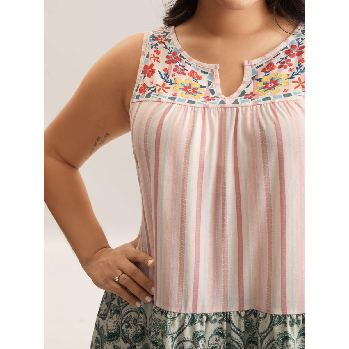 Plus Size Striped Print Spliced Ruffled Tank Top Women Multicolor Boho Gathered Flat collar with V-notch Vacation Tank Tops Camis BloomChic 28/5X Product Image